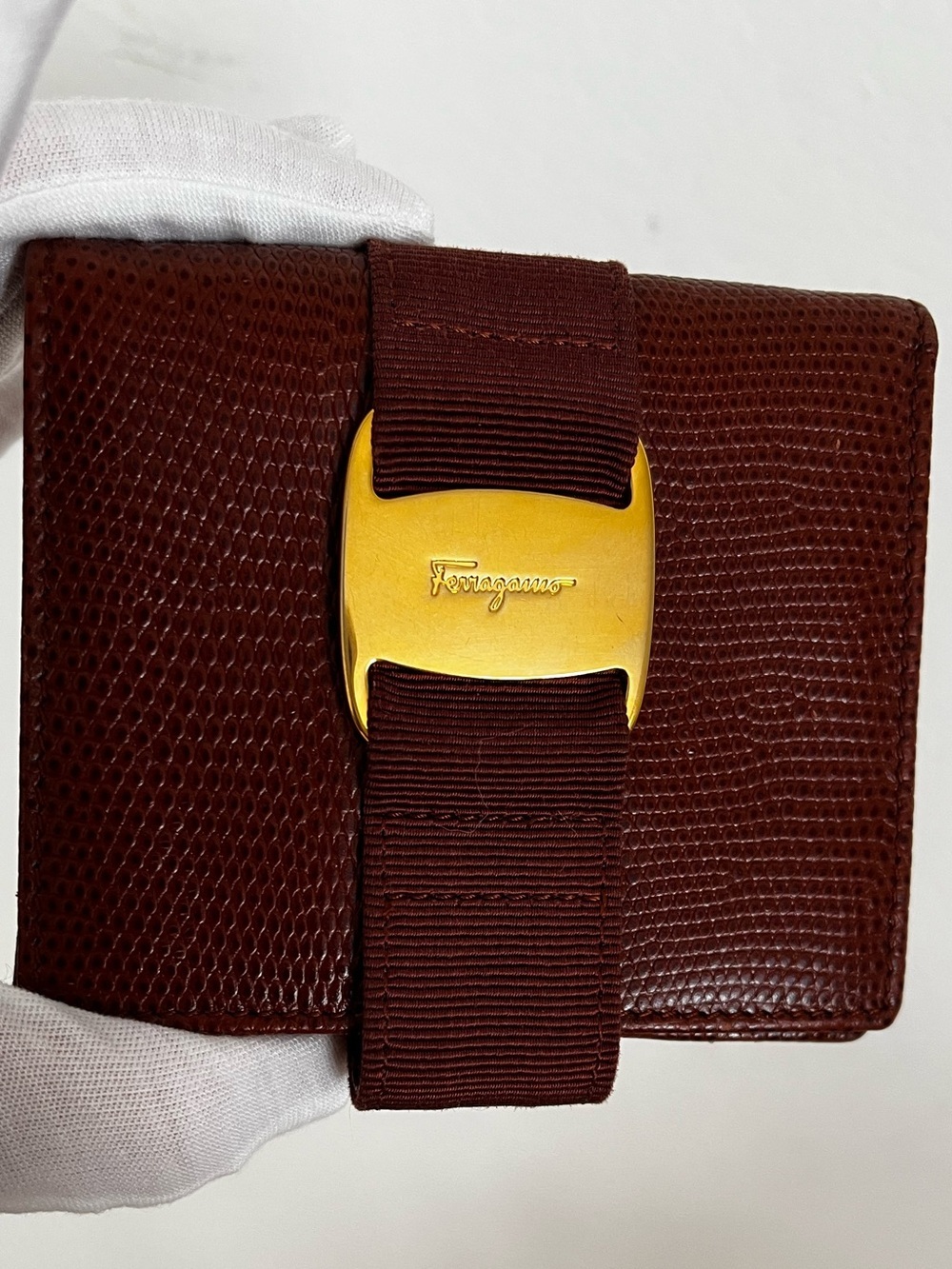 Salvatore Ferragamo Burgundy Embossed Leather Vara Bow Bifold  Wallet Late 1980s